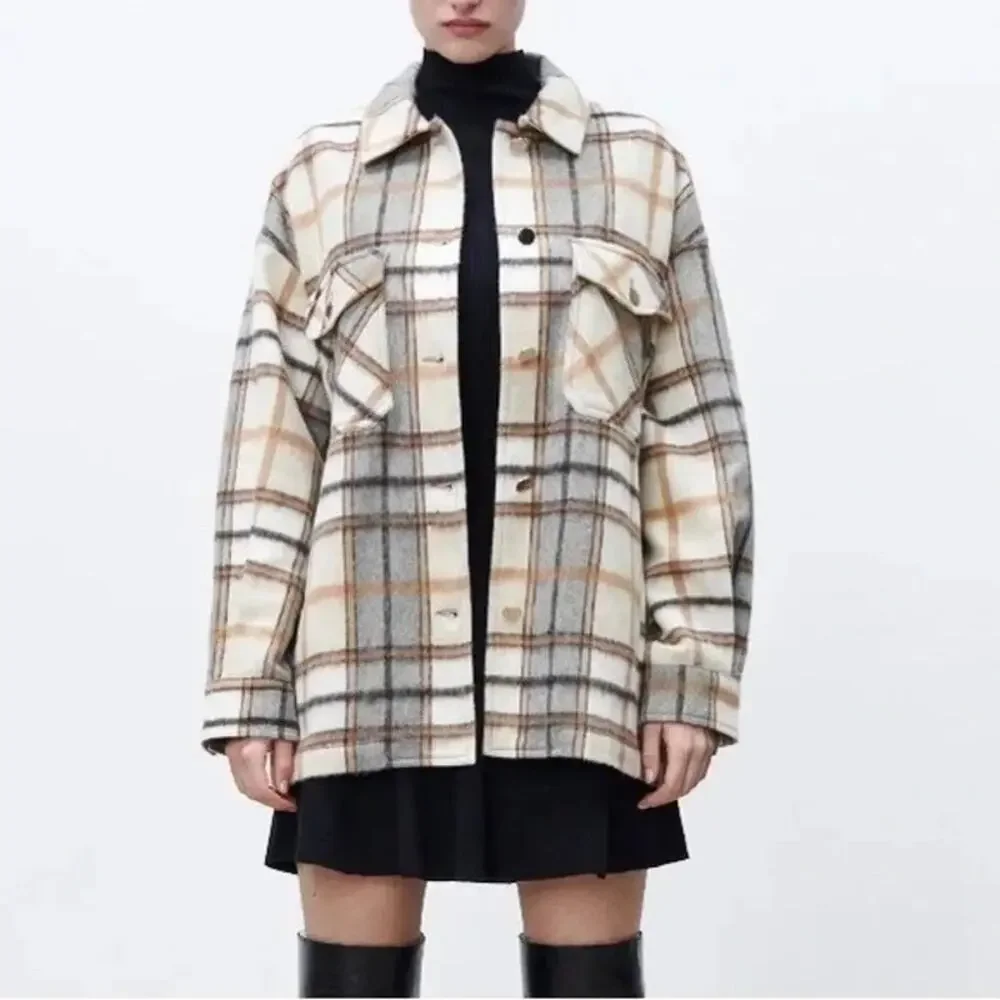 Zara Multicolor Plaid Wool Long Sleeve Button Up Shacket Shirt Jacket Size S